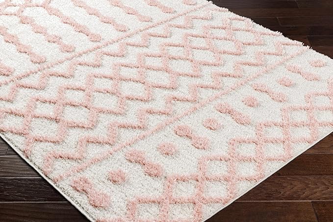 Hauteloom Tilos Moroccan Farmhouse Living Room Bedroom Nursery Shag Area Rug - Shaggy Carpet - Trellis Pattern - High Plush Pile - Cream, Pink, Beige - 5'3" x 7'