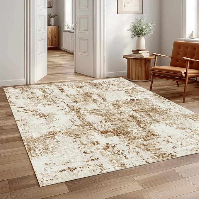 FMFUNCTEX 3x5 Washable Area Rug Brown Abstract Modern Neutral Brown Grey Non Slip Soft Low Pile Thin Accent Entryway Entrance Indoor Carpet for Living Room Bedroom Dining Office Nursery Bedside