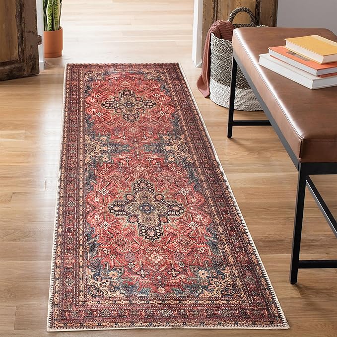 Bloom Rugs Washable Non-Slip 10 ft Runner - Red/Teal Blue/Yellow Traditional Medallion Runner for Entryway, Hallway, Bathroom, and Kitchen - Exact Size: 2.5' x 10'