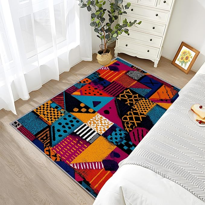 Geometric Rug, Patchwork Abstract Art Area Rug 6x8, Multicolor Retro Aesthetic Low Pile Non Skip Carpets Home Decor #C022