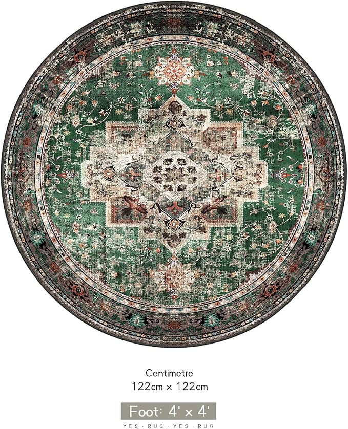 Round Rug 4ft for Bedroom, Green Washable Circle Rug Non-Slip Boho Area Rug 4' Round Carpet for Dining Room Kitchen Dorm Bathroom Low Pile Soft