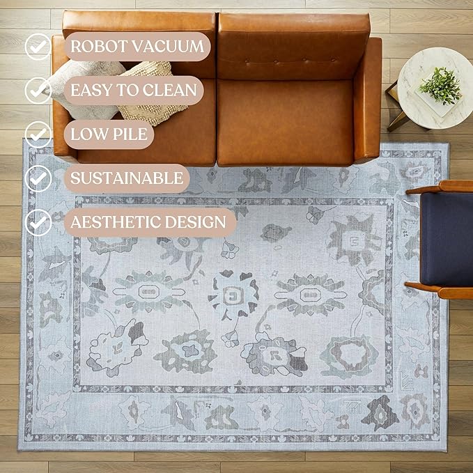 Fame Living Cream Beige Oushak Rug, Modern, Vintage, Turkish, Eclectic, Floral, Pastel, Washable, Large Area Rugs for Living Room, Dining, Bedroom, Girls, Boys, 7'5"x9'8"