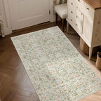 Washable Living Room Rug: 3x5 Boho Floral Soft Area Rug for Bedroom Decor - Vintage Low Pile Thin Carpet for Dining Room Non-Slip - Farmhouse Stain Resistant Rugs - Beige Green