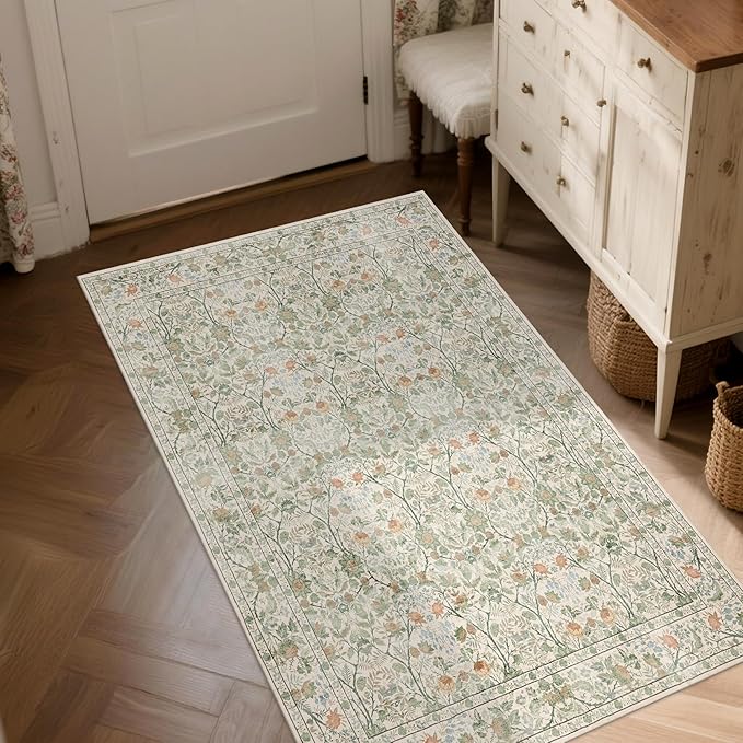 Washable Living Room Rug: 3x5 Boho Floral Soft Area Rug for Bedroom Decor - Vintage Low Pile Thin Carpet for Dining Room Non-Slip - Farmhouse Stain Resistant Rugs - Beige Green