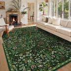 9x12 Dark Green Vintage Floral Area Rug,Washable Large Boho Living Room Rugs,Botanical Print Non-Slip Stain Resistant Lightweight Carpet for Bedroom Dining Room Nursery