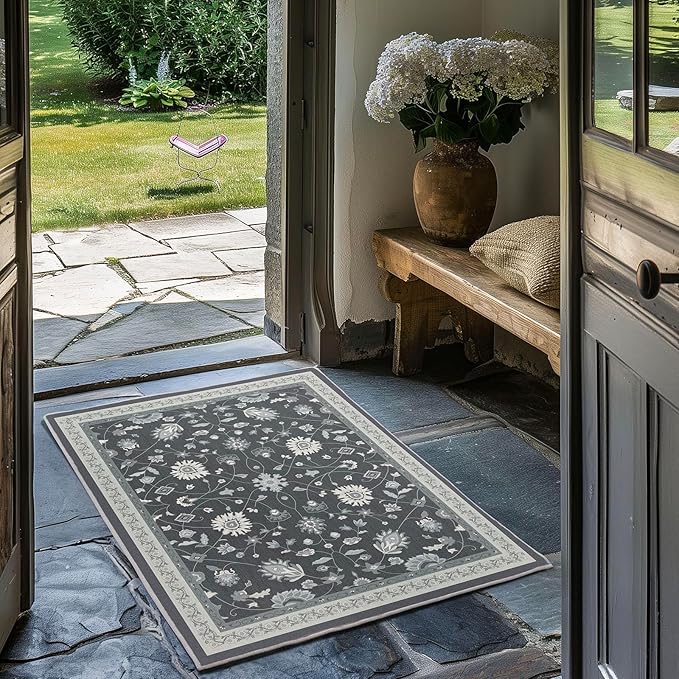 EVERGRACE Area Rugs for Entryway 2x3, Boho Floral Faux Wool Indoor Outdoor Small Rugs, Washable Rugs for Bedroom Bathroom Laundry Doormat, Low Pile Floor Mat Carpet for Home Decor, Ebony Black