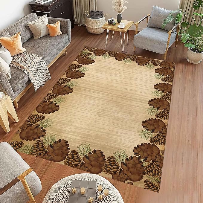 Rustic Lodge Brown Area Rug 3x4ft Pine Cone Leaf Botanical Print Home Decor Non Slip Washable Rug Pine Cones Area Rug Low Pile Thin Indoor Throw Carpet Rug for Laundry Dining Room Office