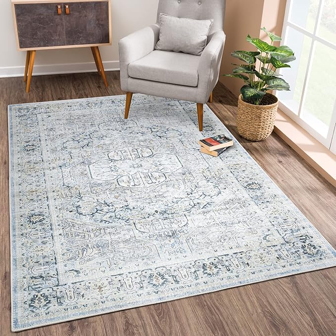 Bloom Rugs Washable Non-Slip 9' x 12' Rug - Cream/Light Blue/Teal Traditional Medallion Area Rug for Living Room, Bedroom, Dining Room, and Kitchen - Exact Size: 9' x 12'