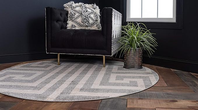 Unique Loom Athens Collection Classic Geometric Modern Border Design Area Rug (6' 0 x 6' 0 Round, Gray/ Beige)