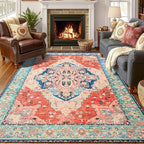 YJ.GWL Area Rugs for Living Room 5x7 Machine Washable Rugs, Non Slip Floral Vintage Rug Indoor Carpet, Stain Resistant Large Rug for Bedroom Dining Room, Red Blue Gradient Color