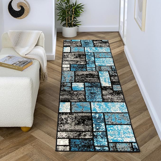 LUXE WEAVERS Modern Geometric Squares 10007 Turquoise 2x7 Area Rug