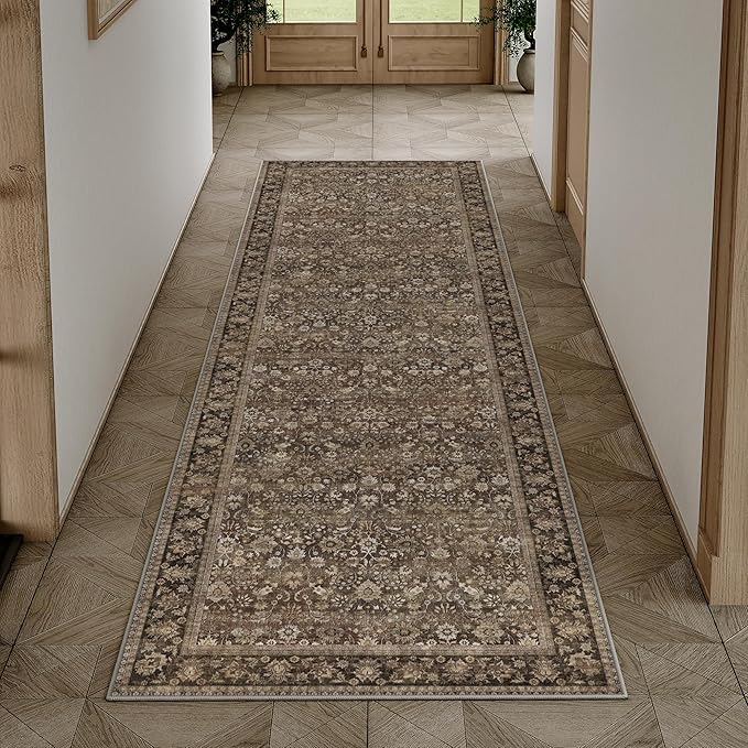 HUGEAR 2x6 Runner Rug Machine Washable Brown Hallway Area Rugs Indoor Accent Rugs Floral Low Pile Carpet Distressed Throw Rug Bedroom Living Room Office Dining Kitchen Laundry Non Slip