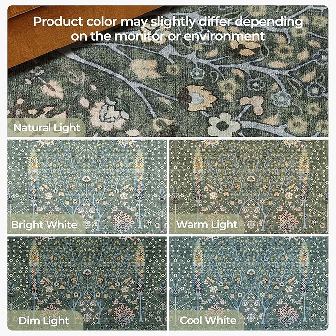 Kokia Boho Vintage Floral Area Rugs, Washable Oriental Botanical Rugs for Living Room, Bedroom, Dining Room, Office, Large Soft Indoor Area Rug, Sage Green，9x12