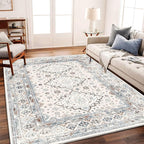Washable Area Rug 8x10 Retro Flowers Boho Design Non-Shedding Easy Care Ideal for High Traffic Areas in Living Room Bedroom Office Coffee Table Kitchen Large Carpet