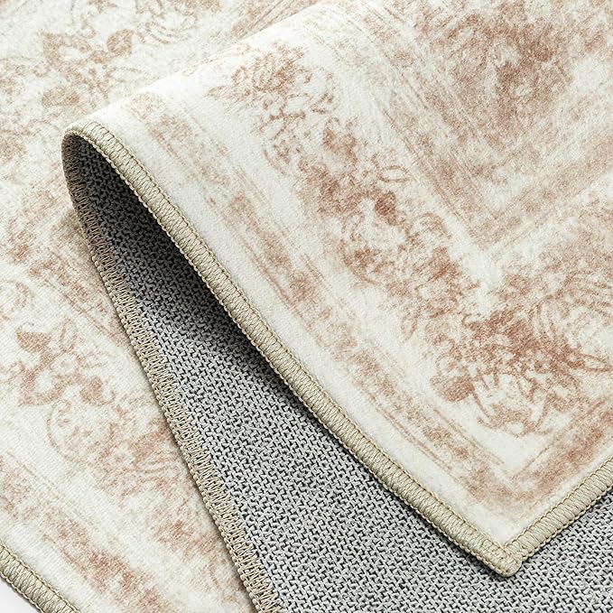 Runner Rug 3x10 Cream Hallway Washable Beige Carpet Non Slip Vintage Medallion Beige Carpet Low Pile Soft Distressed Retro Indoor Long Rug for Entryway Kitchen Bathroom Laundry Bedroom