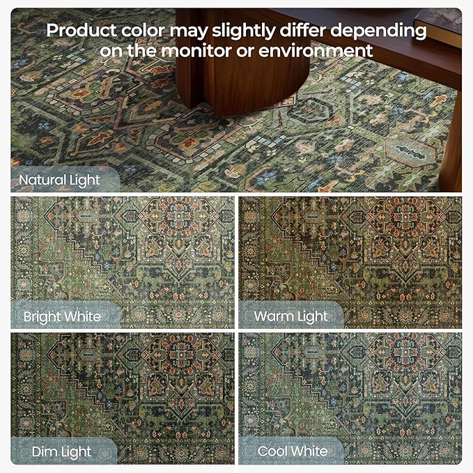 Kokia 6x9 Washable Area Rugs Dark Green with Vintage Orient Design Soft Rug for Living Room or Home Office Non-Slip Low Pile Stain Resistance Features Distressed Medallion Pattern