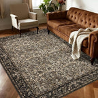 Washable Living Room Rug: 6x9 Boho Floral Soft Area Rug for Bedroom Decor - Vintage Low Pile Thin Carpet for Dining Room Non-Slip - Farmhouse Stain Resistant Rugs - Dark Brown