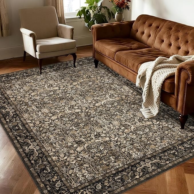 Washable Living Room Rug: 5x7 Boho Floral Soft Area Rug for Bedroom Decor - Vintage Low Pile Thin Carpet for Dining Room Non-Slip - Farmhouse Stain Resistant Rugs - Dark Brown