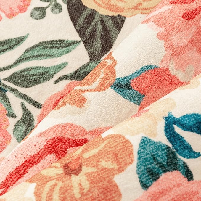 Washable Floral Area Rug 4x6 Beige Office Carpet Scalloped Flower Non Slip Soft Living Room Rug Farmhouse Low Pile Thin Indoor Floor Cover for Bathroom Bedroom Kitchen Laundry Dining Room