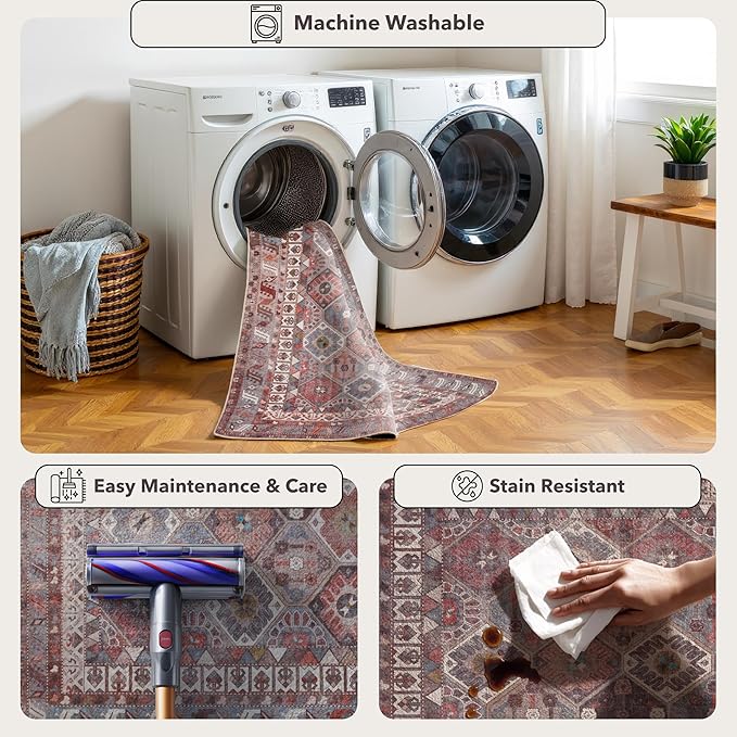 Kuden 9x12 Large Area Rug, Machine Washable Area Rug with Non-Slip Backing, Vintage Style, Soft, Easy Clean, Low Pile Rug for Living Room, Bedroom, Dining Room