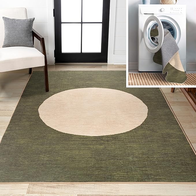 JONATHAN Y Machine Washable Green/Cream Indoor Area Rug 5X8 ft, Cirkel Minimalist Geometric Dot for Living Room, Bedroom, Kitchen, Office, Easy-Cleaning, Pet-Friendly, Non-Shedding WSH113B-5