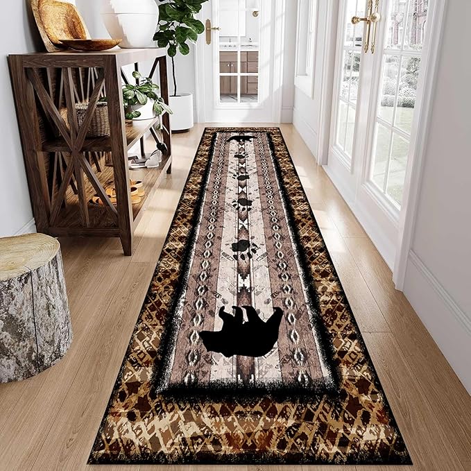 Unique Wildlife Runner Rug, 2x8ft, Bear Border Design Area Rug, Rustic Log Cabin Runner for Entryway, Rubber Backing Durable Floor Rug, Vintage Western Decoration, Fade-Resistant Print Carpet