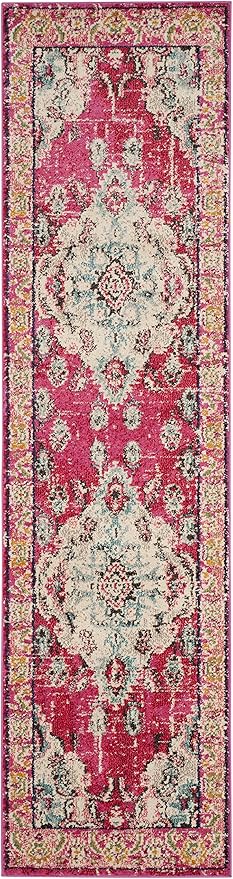 SAFAVIEH Monaco Collection Runner Rug - 2'2" x 18', Pink & Multi, Boho Chic Medallion Distressed Design, Non-Shedding & Easy Care, Ideal for High Traffic Areas in Living Room, Bedroom (MNC243D)