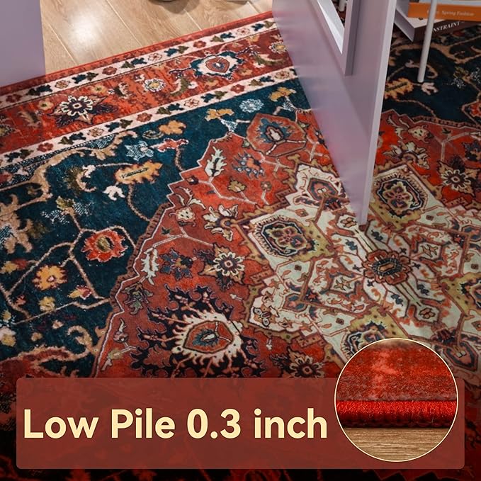 YJ.GWL Area Rugs for Living Room 10x14 Machine Washable Rugs, Non Slip Floral Vintage Rug Indoor Carpet, Stain Resistant Large Rug for Bedroom Dining Room, Orange-Red