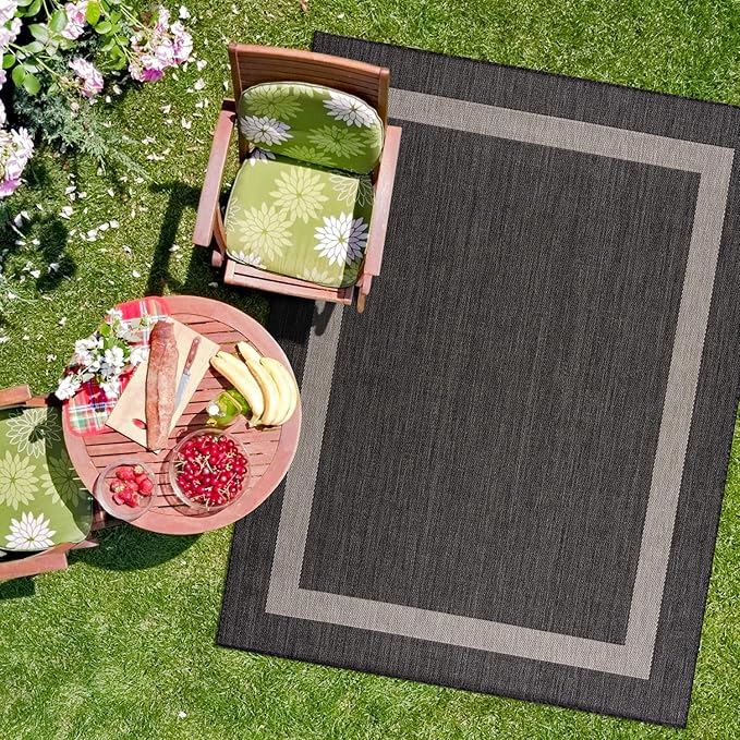 CAMILSON Outdoor Rug 5x7,Modern Outside Rugs for Patios Porches Waterproof Durable Washable Non-Shedding, Easy-to-Clean Indoor Outdoor Area Carpet (5 x 7, Bordered - Dark Gray/Light Gray)