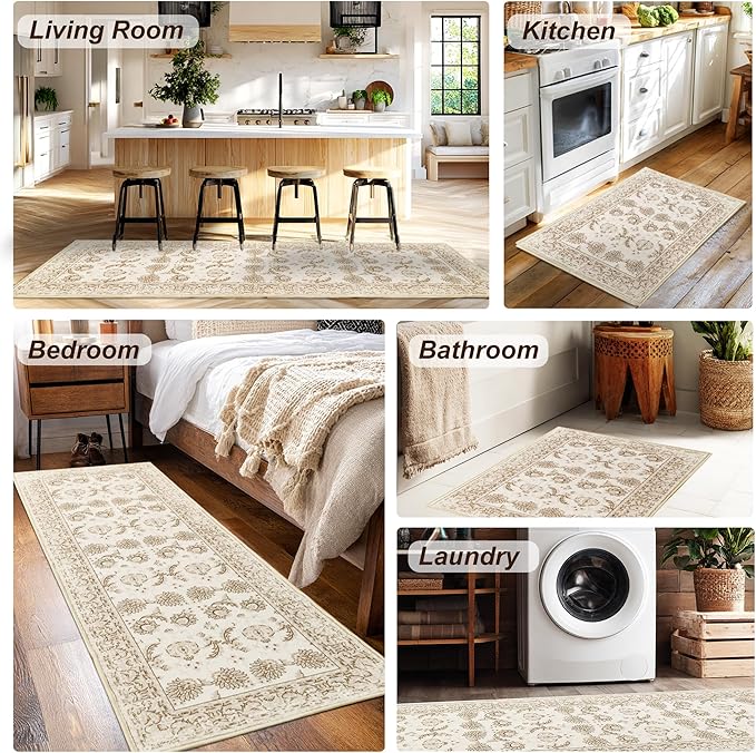 XWZO Washable Hallway Runner Rug 2x8ft — Non-Slip Low Pile Area Rug with Rubber Backing, Spill Resistant Soft Vintage Floor Carpet Runner for Kitchen Entryway Doorway Bedroom Corridor, Beige