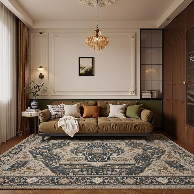 EnHomee 5x7 Area Rugs Washable for Bedroom, Boho Vintage Rugs, Foldable Area Rug for Dining Room, Non-Slip Soft Living Room Rug, Low Pile Large Carpet for Bathroom, Blue and Brown