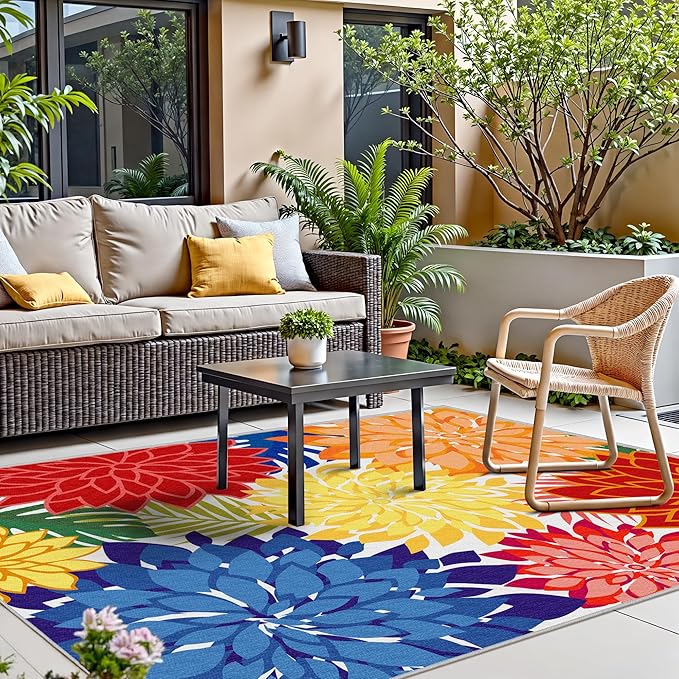 Colorful 9x12 Outdoor Area Rug Washable Multicolored Patio Rug Tropical Botanical Floral Chenille Waterproof Outdoor Carpet Non-Slip for Deck, Backyard, Porch, Rainbow