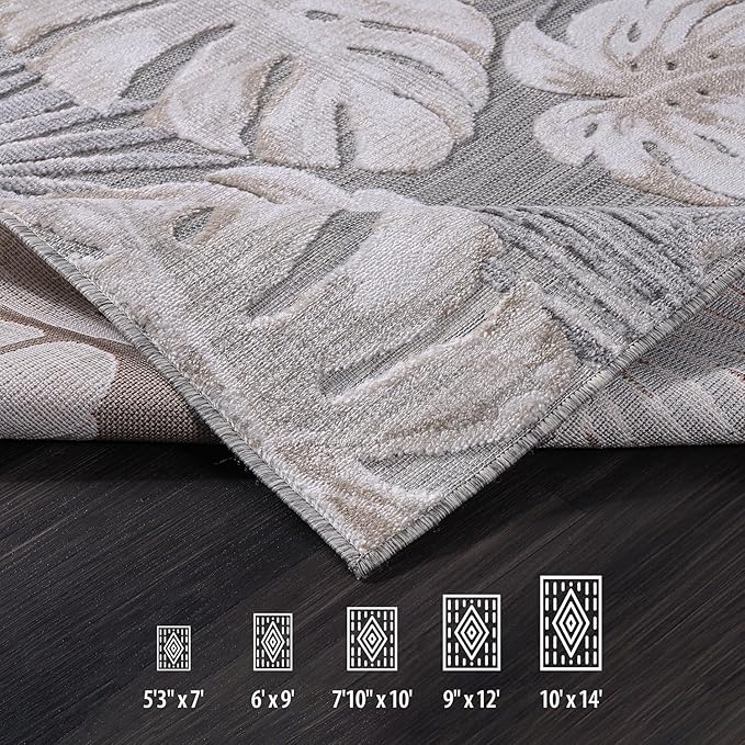 CAMILSON Indoor Outdoor Rug, Beige 7’10”x10’ Leaf Tropical Botanical Area Rugs for Indoor and Outdoor patios, Easy-Cleaning Non-Shedding Living Room, Garden and Kitchen Washable Outside Carpet (8x10)