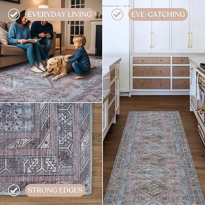 Washable Area Rug. Modern Farmhouse. Vintage. Turkish. Bohemian. Distressed. Oriental. Traditional. Rugs for Living Room. Dining. Bedroom. Office. Entryway. Foyer. (863BM, 2'5" x 13')