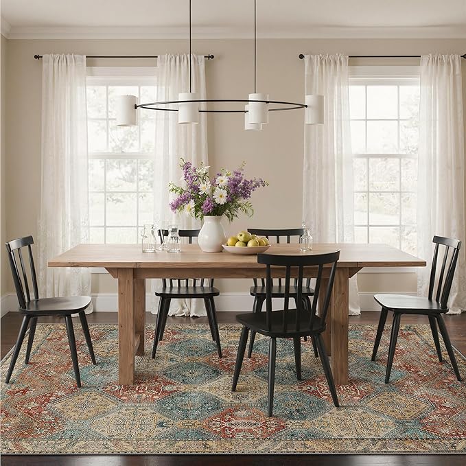Bavni 8x10 Area Rugs for Living Room, Machine Washable Rug Non Slip, Vintage Chenille Distressed Print Carpet, Large Low Pile Ultra-Thin Lightweight Rugs for Bedroom, Dining Room, Office, Blue/Tan/Red