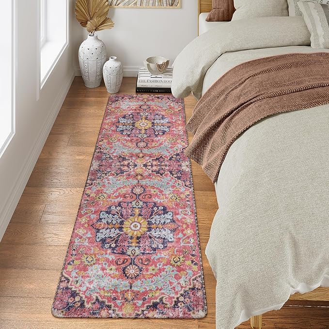 Lahome Bohemian Floral Medallion Runner Rug - 2x6 Hot Pink Hallway Runner Laundry Mat, Machine Washable Non-Slip Soft Indoor Carpet for Bathroom Bedside Basement Camper Home Decor, Fuchsia/Multi
