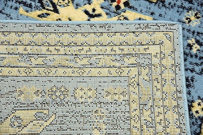 Unique Loom Taftan Collection Border Geometric Tribal Inspired Design Area Rug (3' 0 x 16' 5 Runner, Light Blue/ Gold)
