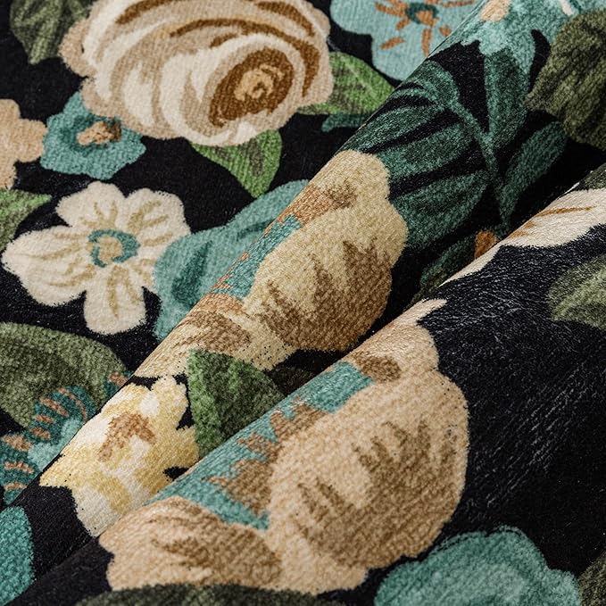 Washable Floral Area Rug 8x10 Black Living Room Large Carpet Bedroom Scalloped Flower Non Slip Soft Throw Rug Farmhouse Low Pile Thin Indoor Floor Cover for Dining Room Office