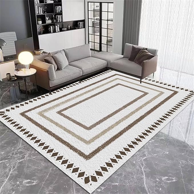 Moroccan Farmhouse Area Rugs 8x10ft, Neutral Geometric Pattern in Off-White Rug, Low Pile Machine Washable & Non-Slip Soft Carpet for Living Room, Bedroom & Dining Room