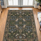 Vintage Floral Area Rug 5x7 for Living Room - Dark Green Forest Bird Rugs for Bedroom, Dinning Room, Office, Non Slip Stain Resistant Low Pile