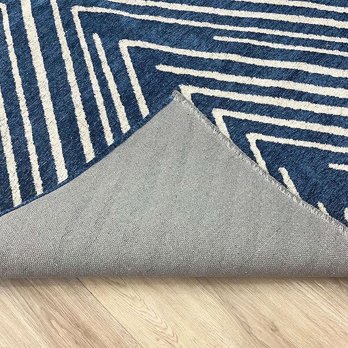 Alfa Rich 7x10 Geometric Navy Blue Off White Washable Area Rugs for Living Room Bedroom Cotton Rug