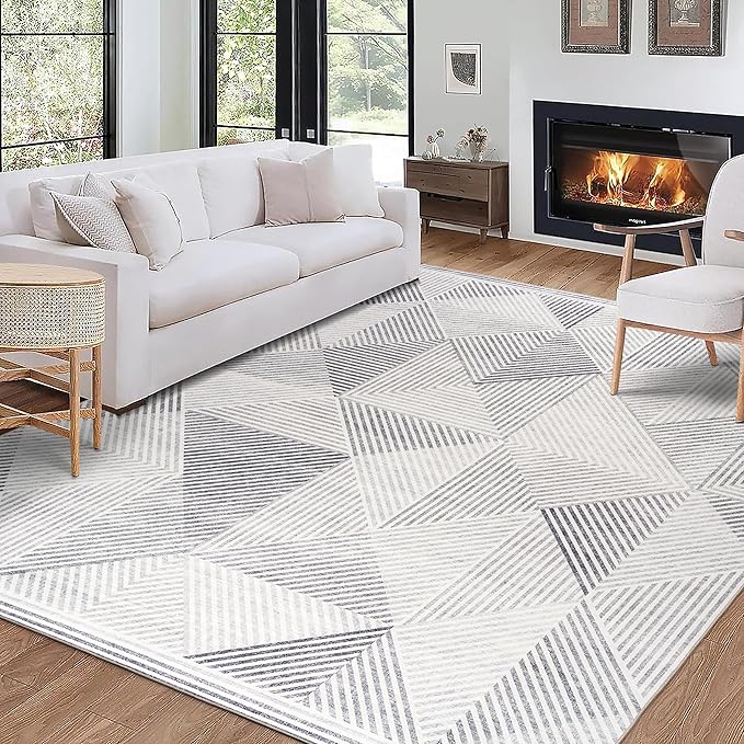 ReaLife Rugs Machine Washable Area Rug - Living Room Bedroom Bathroom Kitchen Entryway Office - Padded Crease Free Stain Resistant Premium - Modern Geometric Contemporary - Miles - Gray 7'6" x 9'6"