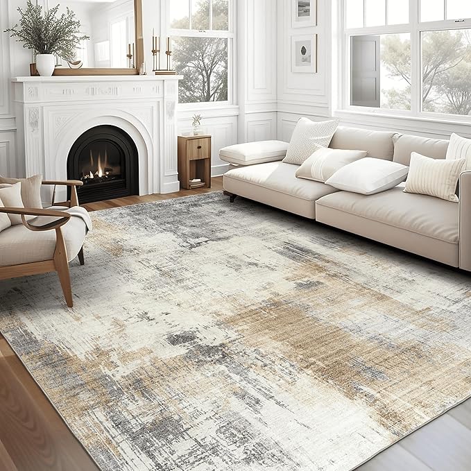 ReaLife Rugs Machine Washable Area Rug - Living Room Bedroom Bathroom Kitchen Entryway Office - Padded Low Pile Stain Resistant Premium - Modern Abstract Contemporary - Quinn - Beige 4' x 6'