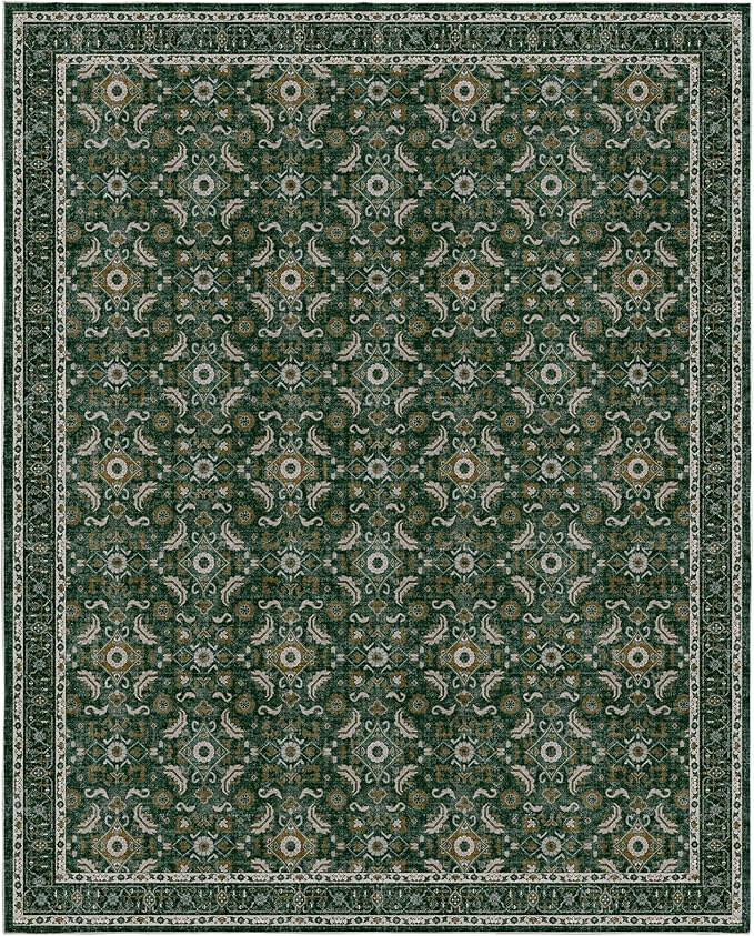 WITSHOCK Living Room Area Rugs 12x15: Soft Non-Slip Backing Washable Rugs Vintage Large Carpet for Bedroom Office Dining Room Kitchen Stain Resistant Home Decor Rug, Dark Green