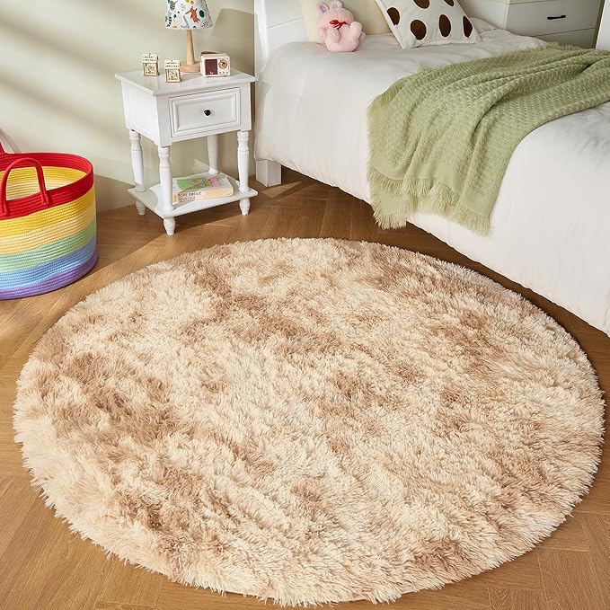 Andency Tie-Dyed Beige Round Area Rug for Living Room, 6x6 ft Shag Rug for Bedroom, Fluffy Circle Carpet for Home Decor, Room, Fuzzy Plush Circular Rug for Dorm Playroom