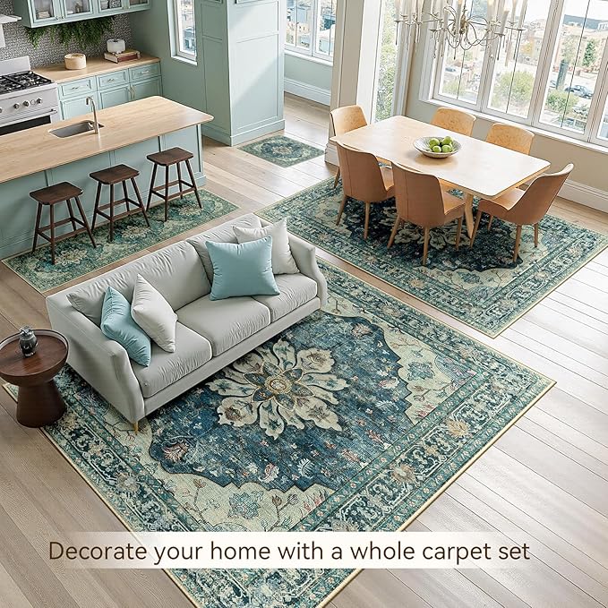 Area Rugs 2'x3' Washable Non-Slip, Floral Vintage Distress Print Pattern Medallion Carpet for Living Room Bedroom Dining Room, Dark Blue Vintage
