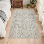 Washable Living Room Rug: 3x5 Boho Floral Soft Area Rug for Bedroom Decor - Vintage Low Pile Thin Carpet for Dining Room Non-Slip - Farmhouse Stain Resistant Rugs - Beige Blue