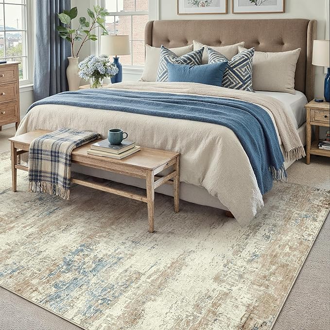 6x9 Area Rug Washable Beige Brown Abstract Living Room Carpet Non Slip Modern Neutral Soft Low Pile Contemporary Aesthetic Bedroom Large Rug Indoor Office Dining Room Playroom