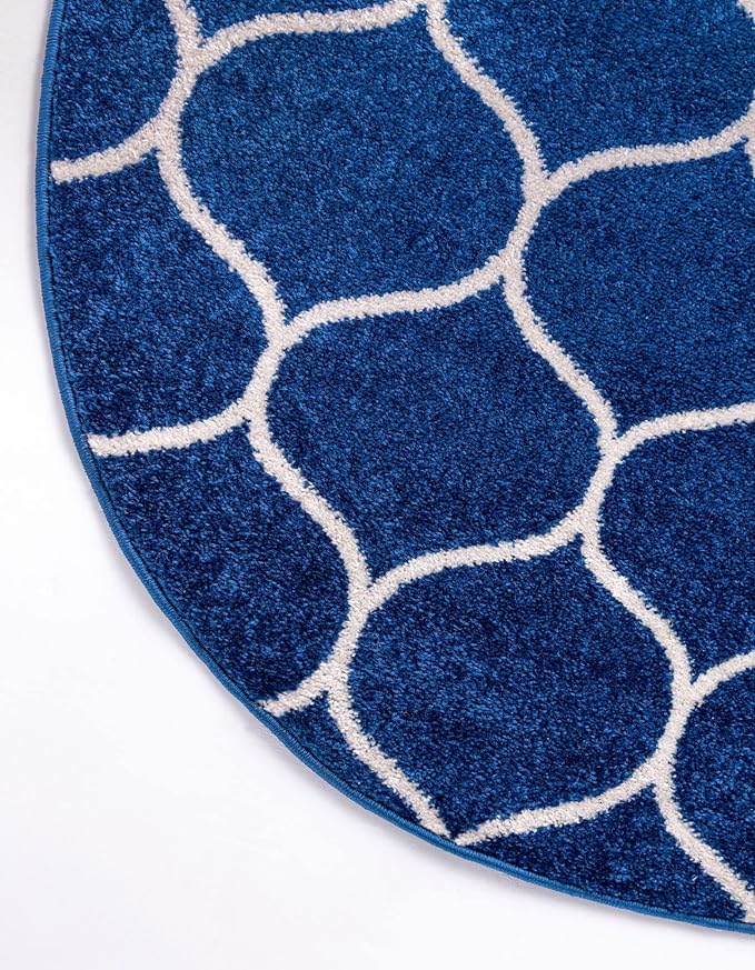 Rugs.com Lattice Frieze Collection Rug – 8' Round Navy Blue Medium Rug Perfect for Kitchens, Dining Rooms