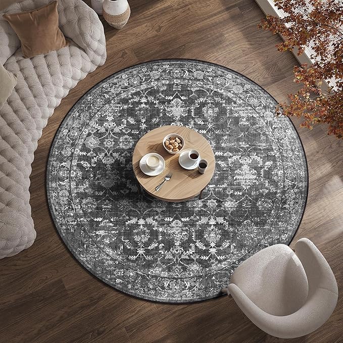 6ft Round Washable Area Rugs for Living Room, Vintage Boho Large Rug for Bedroom Dining Room Office, Distressed Floral Print Carpet for Under Table, Soft Non Slip Low Pile Throw Indoor Mat, Black